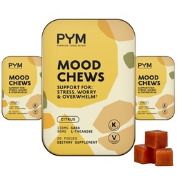 PYM Citrus Mood Chews Support for Stress, Worry & Overdubm, 60 Hrabia 124; 130mg GABA, 90mg L- Theanine Bilans 124; Wegan, Non-GMO, Gluten- Free, Nie dodano cukru 124; All- Natural Mood Balance Supplement Made in USA