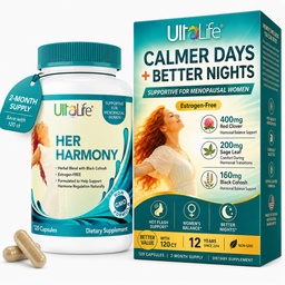 UltaLife Jej Harmony Menopauza Suplementy dla kobiet - Gorące błyski Menopauza Relief & Hormon Równowaga dla kobiet - Zawiera czarny Cohosh, Dong Quai, Red Clover & More - Estrogen Free - 120 Kapsułki