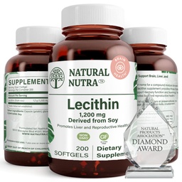 Natural Nutra Lecithina Soy 1200 mg Suplement diety - Funkcja mózgu, Zdrowie wątroby, Poprawa zdrowia prokreacyjnego, Suplement wspomagający - Bez glutenu, Bez BPA-, 200 Softgeli w Recyklible szklanych butelek