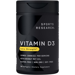Sport Research ® Witamina D3 w / Olej kokosowy MCT - Wysoka moc Witamina D3 5000iu (125mcg) Suplement do wsparcia immunologicznego i kości - Olej nasienny wolny - Non-GMO - Gluten wolny (360 Płynne Softgels)