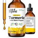 Wild & Organic Turmeric Tincture - Kurkumina kurkumina z ekstraktem Black Pepper - Suplement wsparcia mobilności - Kurkumina Krople korzenne - Wegan, Cukier i Alkohol - 4 fl oz