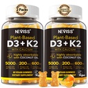 Witamina D3 5000iu & K2 (jako MK7) 200mcg Gummies + 600mg Wapń, z olejem kokosowym do wysokiej absorpcji, Maksymalna moc witamina D3 K2 Suplement - Wsparcie dla Bones Muscle Teeth Immune, Wegan 2Packs