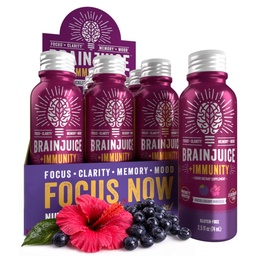 BrainJuice Brain and Immune Support Shot, Gluten Free Supplement Shots for Energy, Focus, Immunitet z witaminą D, C B, Alpha GPC & Organic Ginger Root, Huckleberry Hibiscus, 2,5 fl oz, 12 Pack