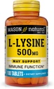 MASON NATURAL L- Lyzyna 500 mg z wapniem - Ulepszona funkcja immunologiczna, Zwiększona absorpcja odżywcza, Zasadniczy kwas aminoaminowy, 100 tabletek