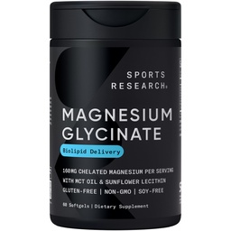 Sports Research ® Magnezu Glycinate - Wspiera Resteful Sleep & Enzymatic Processes - 160 mg Chelated Magnezu - Liquid Softgel - 60 Count