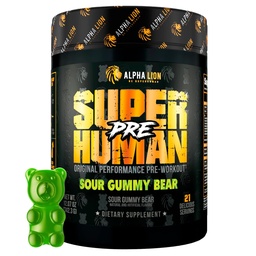 ALPHA LION Superhuman Pre Workout Powder, Beta Alanine, L- Tauryne & Tri- Source Kofeina dla Trwałej Energii & Focus, tlenek azotu i cytrulina dla pompy (21 Służenia, Sour Gumy Bear Flavor)
