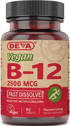 DEVA Nutrition Vegan Podjęzykowy Szybko Rozpuścić B- 12 Tabletki, 2500 µg, 90 Liczba