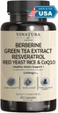 VINATURA Berberine HCL & Ceylon Cynamon - Red Yeast Rice & CoQ10 1300mg per Serving * USA Made & Tested * Zdrowe poziomy z Green Tea Extract, Resveratrol, Magnezu, Glicynian, Pikolinian chromu