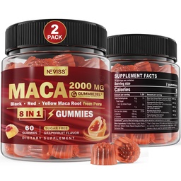 2 Pack Sugar Free Maca Root Gummies 2000mg z Ashwagandha, Tribulus Terrestris, Rhodiola, Panax Ginseng, L Arginine & L Tyrosine - Organic Black Red Yellow Maca Root for Women Men Energy Support