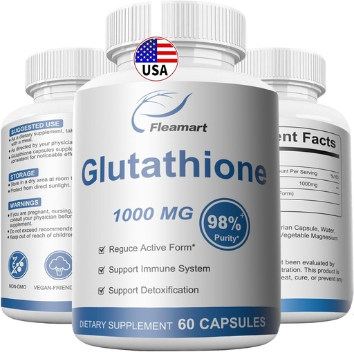 Suplement glutationu 98% + Wysoko oczyszczony i biodostępny - Pielęgnacja skóry i detoksykacja L- Glutathione 1000mg Immune & Liver Support - Made in USA 60 Kapsułki