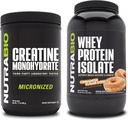 Monowodzian NutraBio Creatine, Izolat nieflaworyczny, 500 g i ser białkowy, Pączek z cukrem cynamonowym, Suplement Paleta - Energia mięśniowa, Lean Muscle Growth, Odzysk i Siła