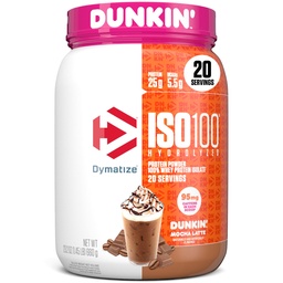 Dimatize x Dunkin 'Mocha Latte ISO100 Proszek białka serwatki, 95mg kofeiny, 25g białka, 5,5g BCAA, 120 Cal., Gluten Free, 1g tłuszczu, 1g cukru, 3g karb (20 Sług)