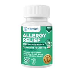 WELMATE Ulga alergiczna - Feksofenadyna HCl 180 mg - Non- Drowsy Antihistamine - 200 tabletek liczenia