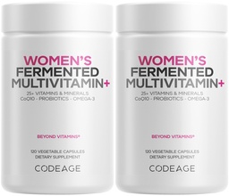 Codeage Women’s Daily Multivitamin, 25+ Vitamins & Minerals, Fermented, Organic Whole Foods, Probiotics Supplement - Vitamin A, B, C, D, E & K, Omega 3, Zinc – Vegan - 2 Pack