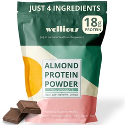 Wellious Almond Protein Powder (Czekolada) - 18 Grams Pure Healthiest Vegan Protein for Women & Men - Perfect gluten- Free, Soy- Free & Smooth Gut Friendly Protein Powder for Sports Nutrition