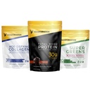 Transformacja Czekoladowy Proszek Białko 124; 30G Wielobiałkowe Supermix + Grass- Fed Zhydrolizowany Kolagen Peptydy Powder- Włosy, Skóra, Nails + Organic Super Zielone Superfood Powder - Immune & Wsparcie energetyczne