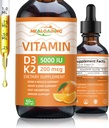 Witamina organiczna D3 + K2 Krople: 5000 j. m. na bazie Plant- based D3 & 200mcg K2 Liquid Supplements Amendments 124; Szybka absorpcja dla immunologicznego wsparcia, Bone Health & Heart Care Amend124; Wegan, Non-GMO (30ml)