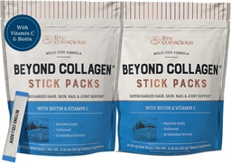 Live Conscious Beyond Collagen Peptydes Powder Unflavored Packagets- Zhydrolizowane Kolagen Powder- Hair Skin Nail & Joint Support- Multi Type Colagen Supplements for Women & Men 30 Pack (2pk)