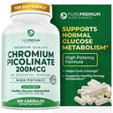 PurePremium Chrom Picolinate 200mcg - Wysoka potencja suplementy chromowe - Podstawowe mineralne wsparcie zdrowotne dla mężczyzn / kobiet - Bezglutenowe - 3 miesiące dostaw - 100 Kapsułki