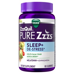 ZzzQuil PURE Zzzs De- Stress 2 mg Gummies melatoniny,, Pomoc snu dla dorosłych, Ashwagandha dla wsparcia stresu, 60 Gummies
