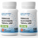 Puregen Labs Glukonian żelaza 324 mg [Wysoka potencja] Suplement żelaza, Delikatnie na stomach 124; 2 Pack - 200 Tablets Total