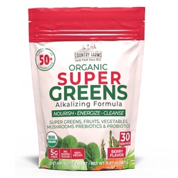Gospodarstwa wiejskie Super Zielone Berry Flavor, 50 Organic Super Foods, USDA Organic Drink Mix (Trawa pszenna, Spirulina, Chlorella) Grzyby i probiotyki, z włóknem, Gut Health, Naturalna energia, 30 Służenia