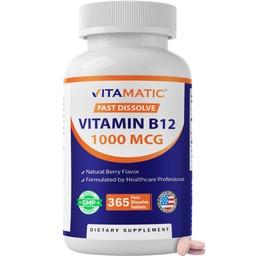 Witamina Witamina Witamina B12 1000 µg Szybko rozpuszcza się - 365 tabletek - Naturalny aromat jagody - Wspomaga metabolizm i zdrowie układu nerwowego energii