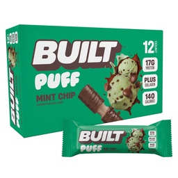 Built Bar, Puff Protein Bars, Mint Chip Puff, 17g Protein Snacks, On- The- Bary, Tylko 140 Calories, 6g Sugar, Collagen, Gluten Free, 12 Count