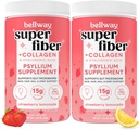 Bellway Super Fiber Powder + Collagen (2 opakowania), Pyllium bez cukru proszek Husk z peptydami kolagenowymi dla Gut Health, Zdrowa skóra, paznokcie, kości i łączniki, Lemoniada truskawkowa (22.92 oz)
